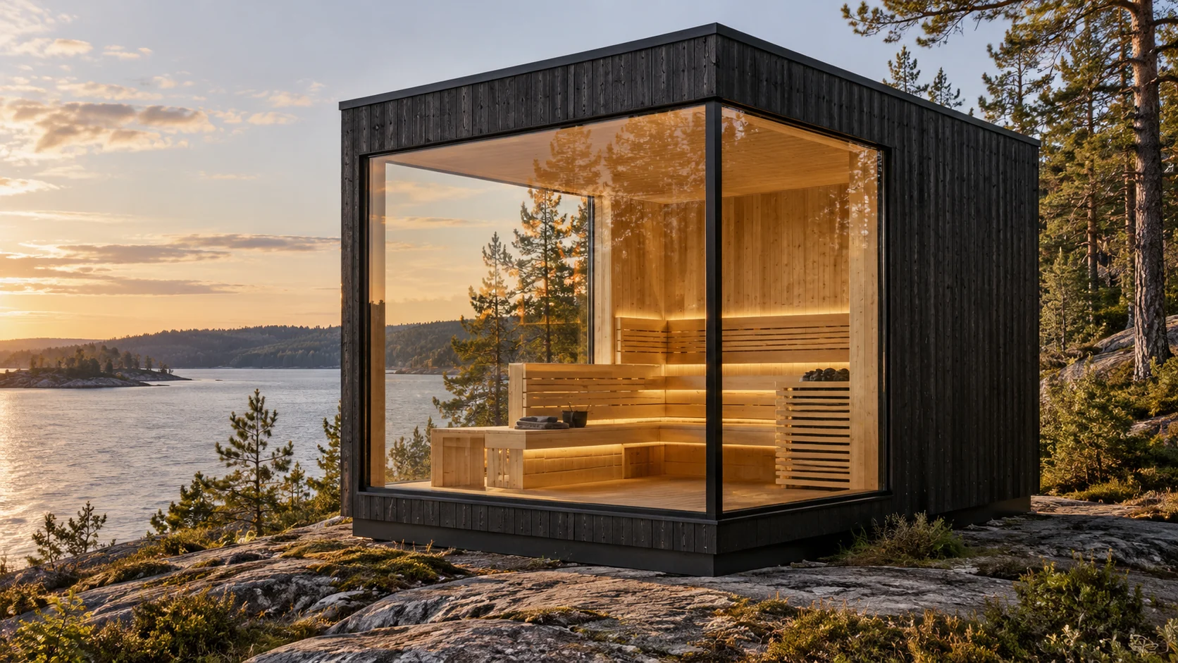 Corner 7: concept of a dark timber cube with L-shaped corner glazing