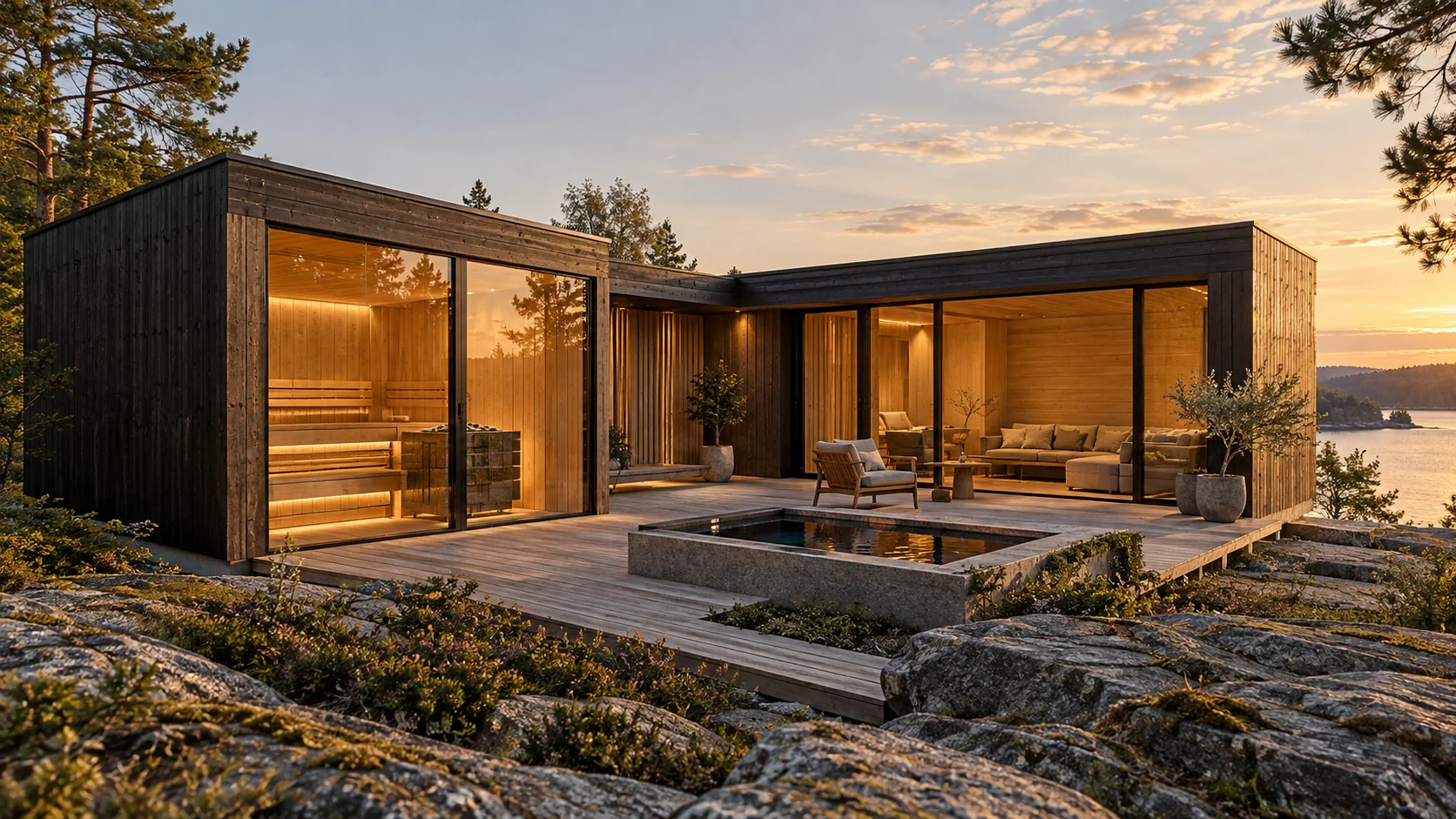 Courtyard 28: concept of L-shaped sauna and lounge wings enclosing an outdoor courtyard