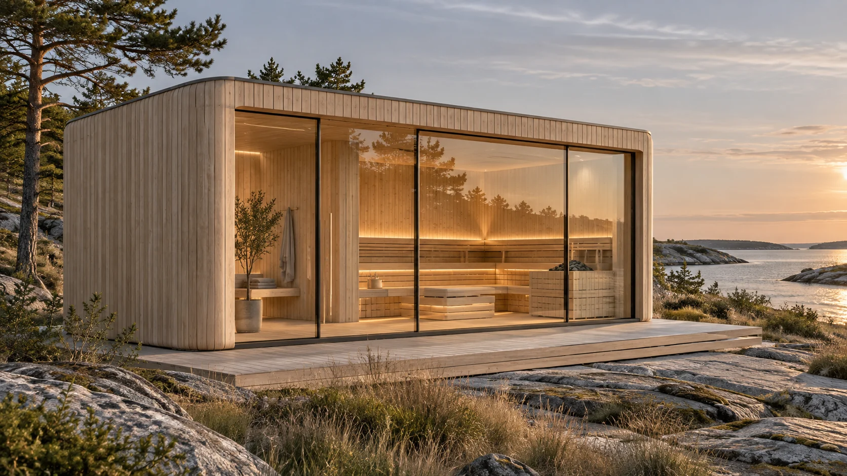 Dune 18: concept of a pale timber sauna with softened corners and broad flat glazing