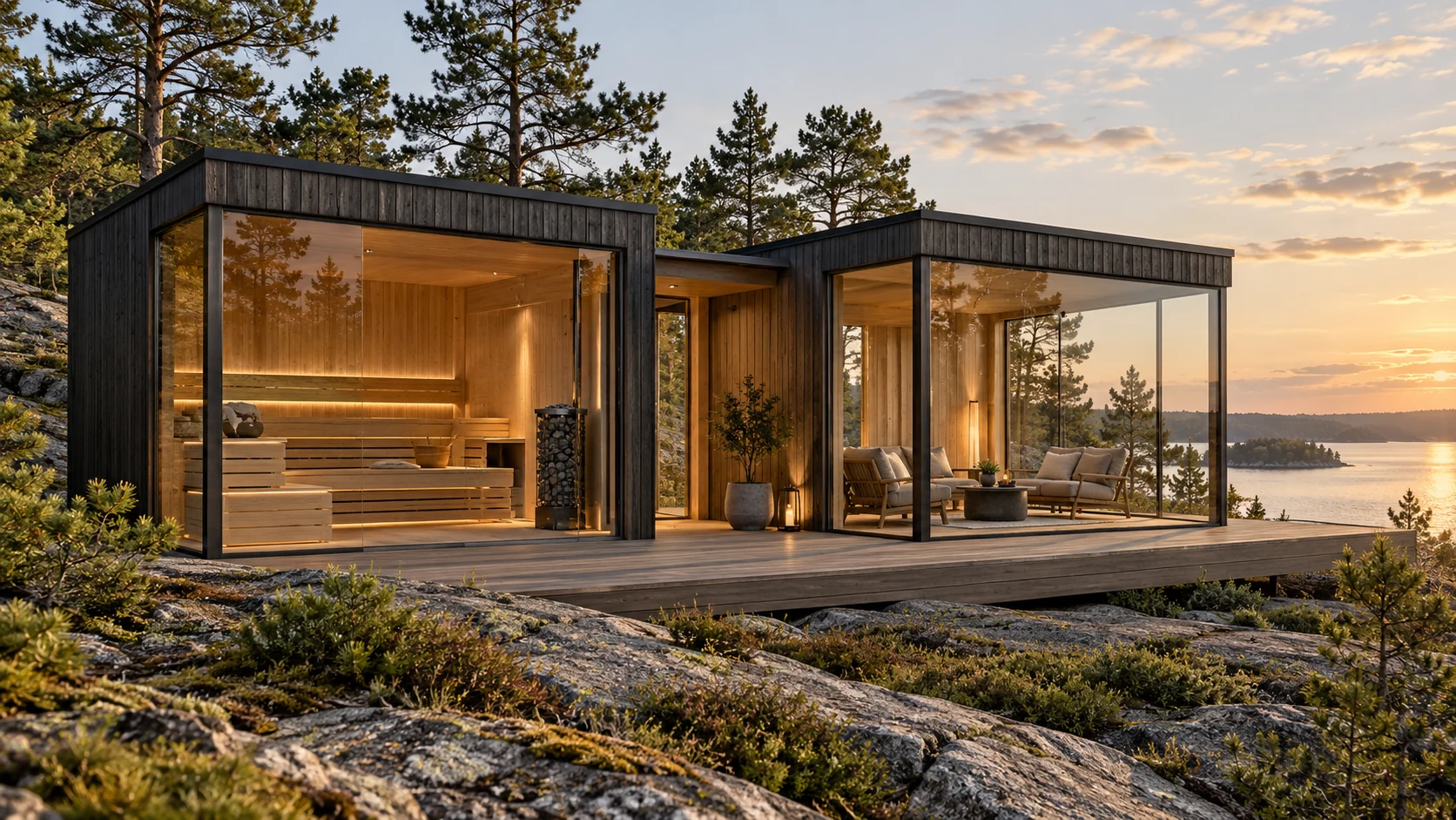 Lounge 22: concept of connected sauna and glazed lounge volumes