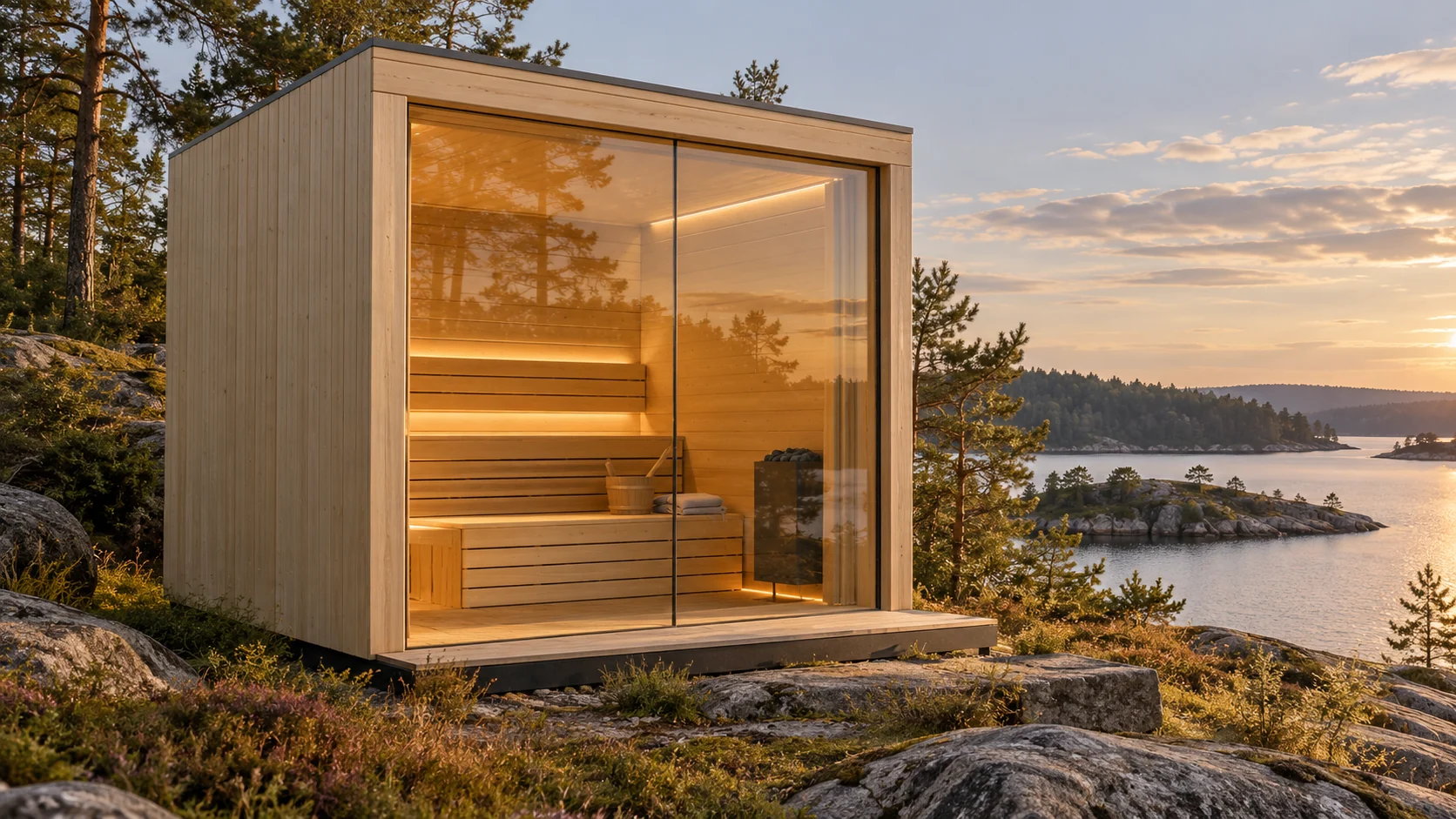 Panorama 5: concept of a small light-timber sauna cube with a full glass front