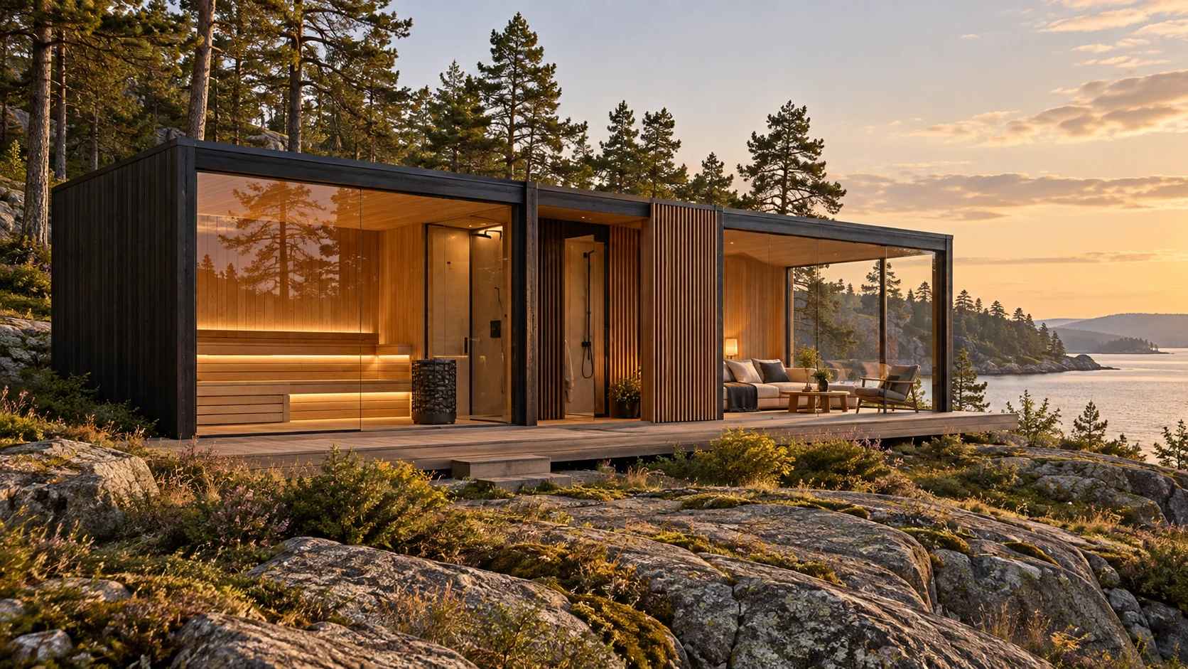 Retreat 34: concept of a three-part private sauna retreat with a glazed lounge